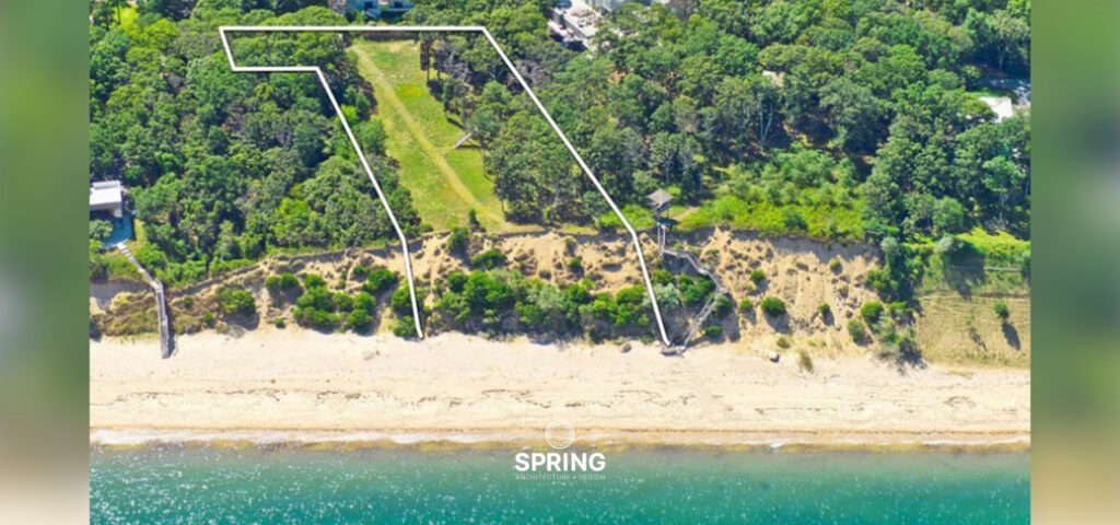 Aerial view of Bluff House in East Hampton, highlighting its coastal location and private beach access.