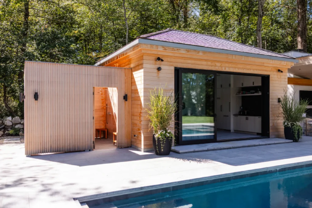 Resort House by Spring Architecture + Design, a 3,800 sq ft sustainable coastal residence featuring modern architecture, net-zero energy design, luxury outdoor living, pool house, and energy-efficient systems.